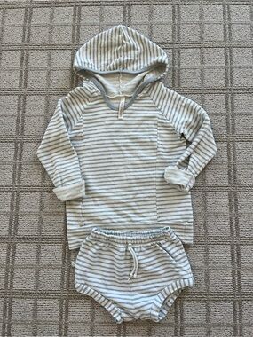 Striped Hooded Sweatshirt + Matching Shorts — Light Gray & White
